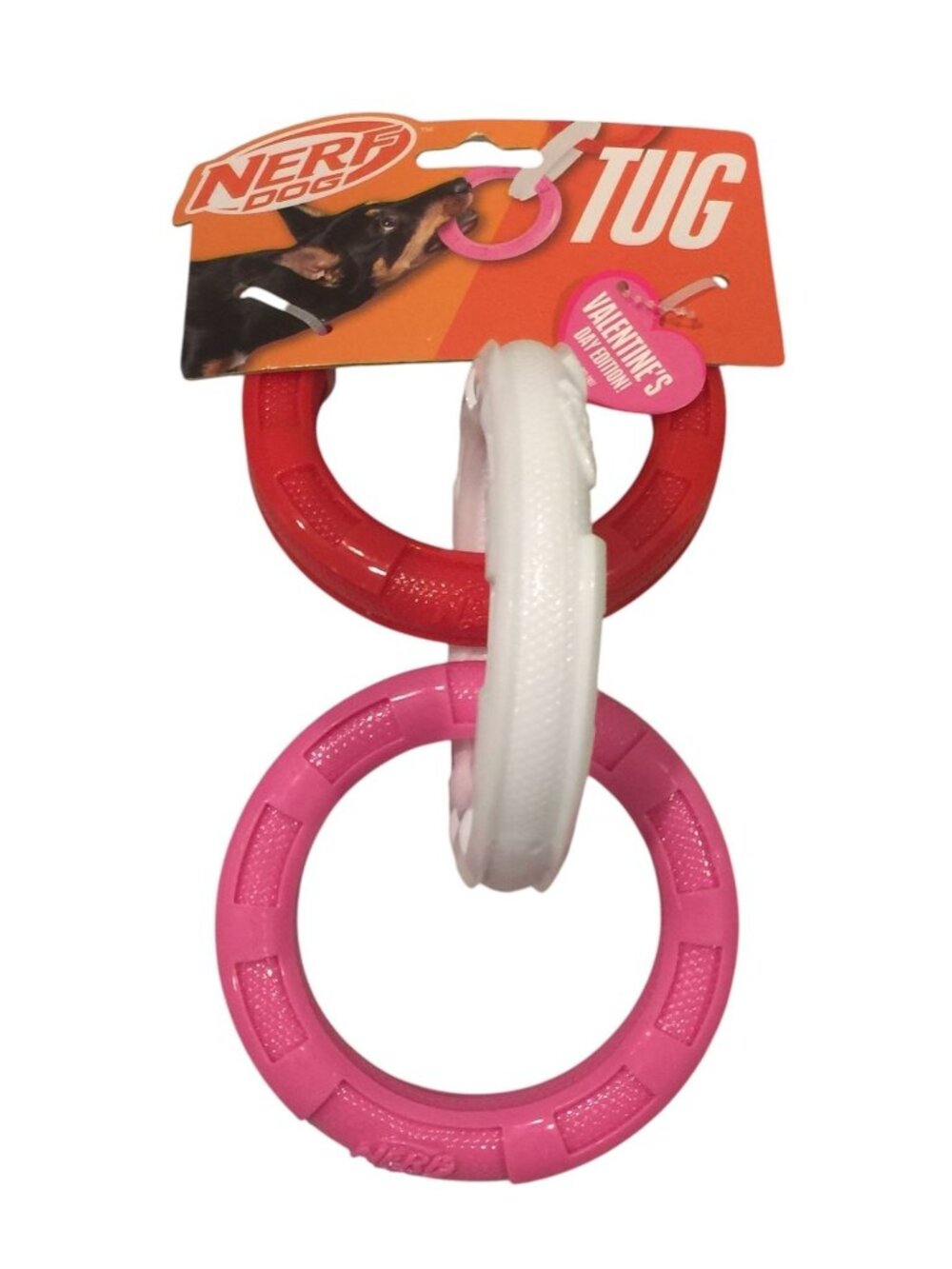 NERF DOG Tug 3 Ring Dog Pull Toy Red Pink White 4 1/2" Rings